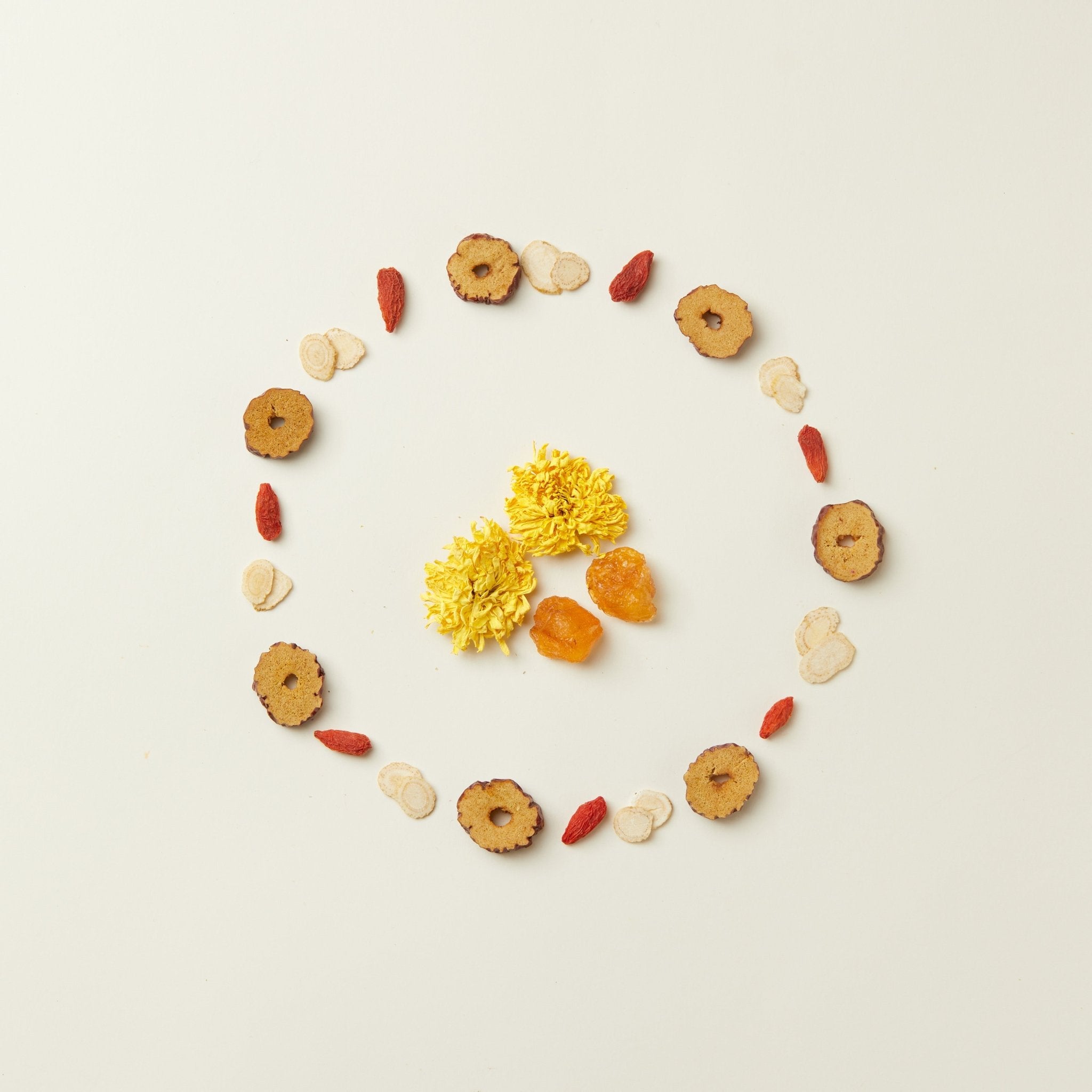 Chafolio Chrysanthemum Ginseng Tea ingredients, including dried herbs and flower petals, are arranged in a circular pattern on a plain white background.