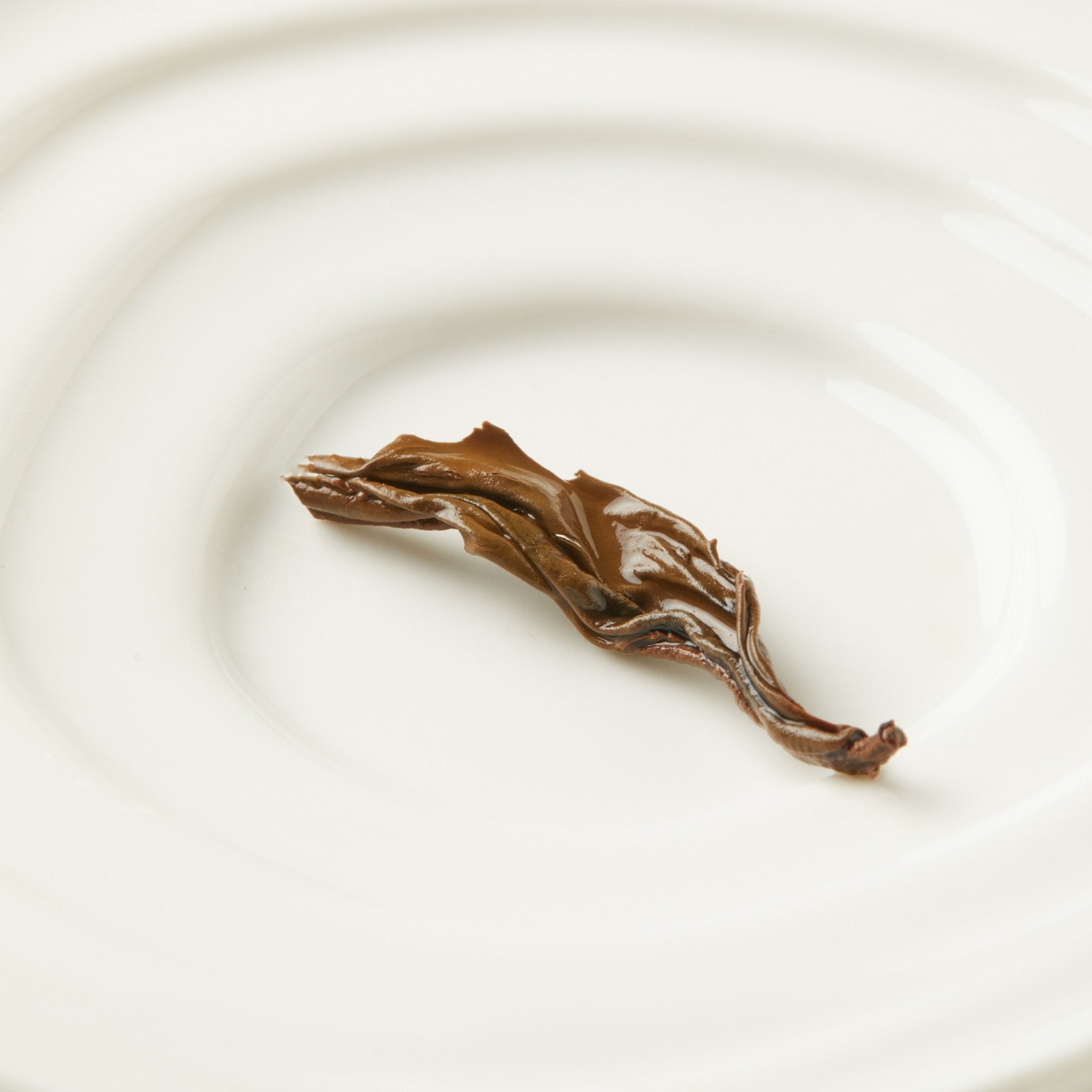 A small dollop of chocolate spread shaped like a leaf sits on a white plate, perfectly complementing a cup of Chafolio Honey Black Tea.
