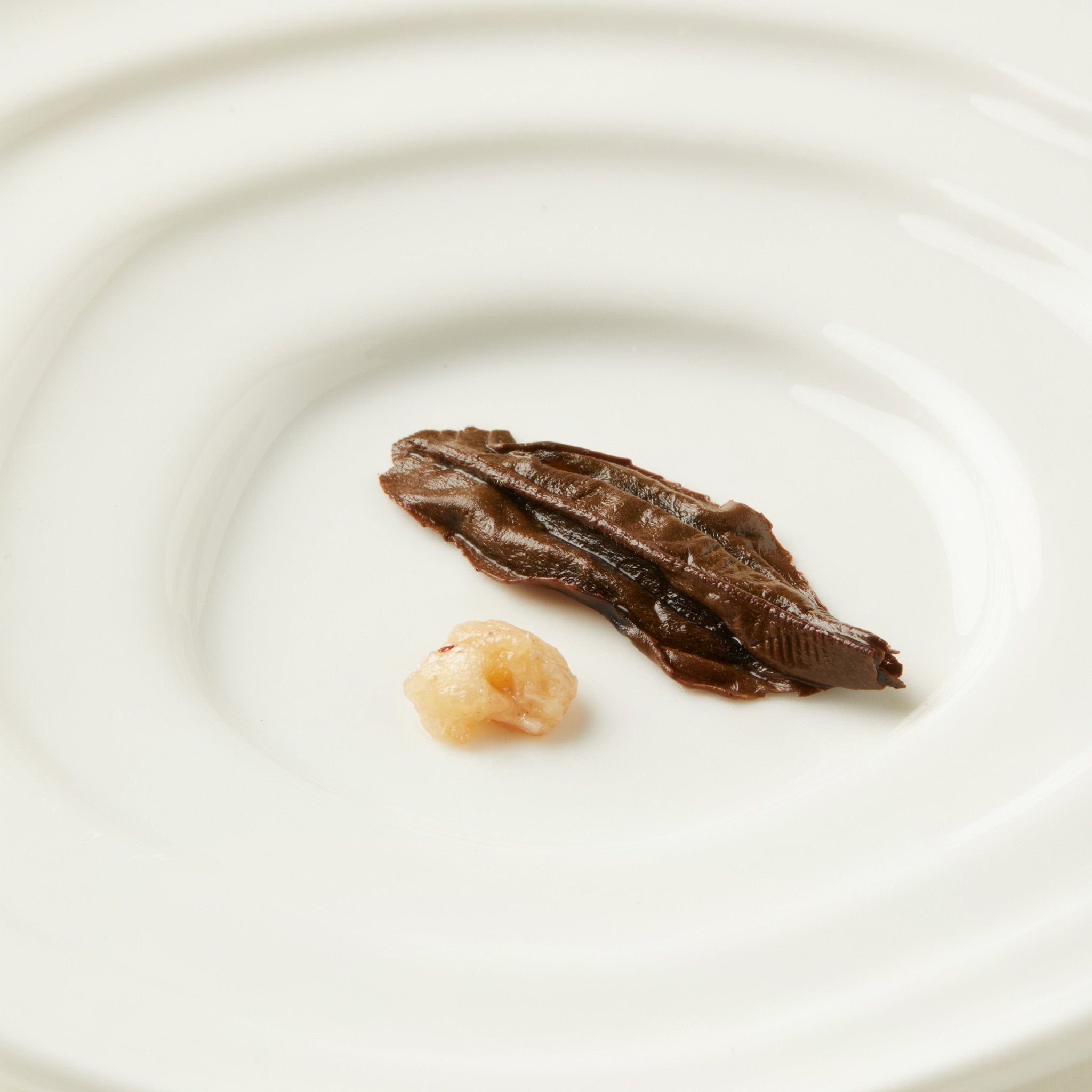 A small portion of dark brown paste and a piece of light-colored food, evocative of Chafolio Lychee Black Tea ingredients, are served separately on a white plate.