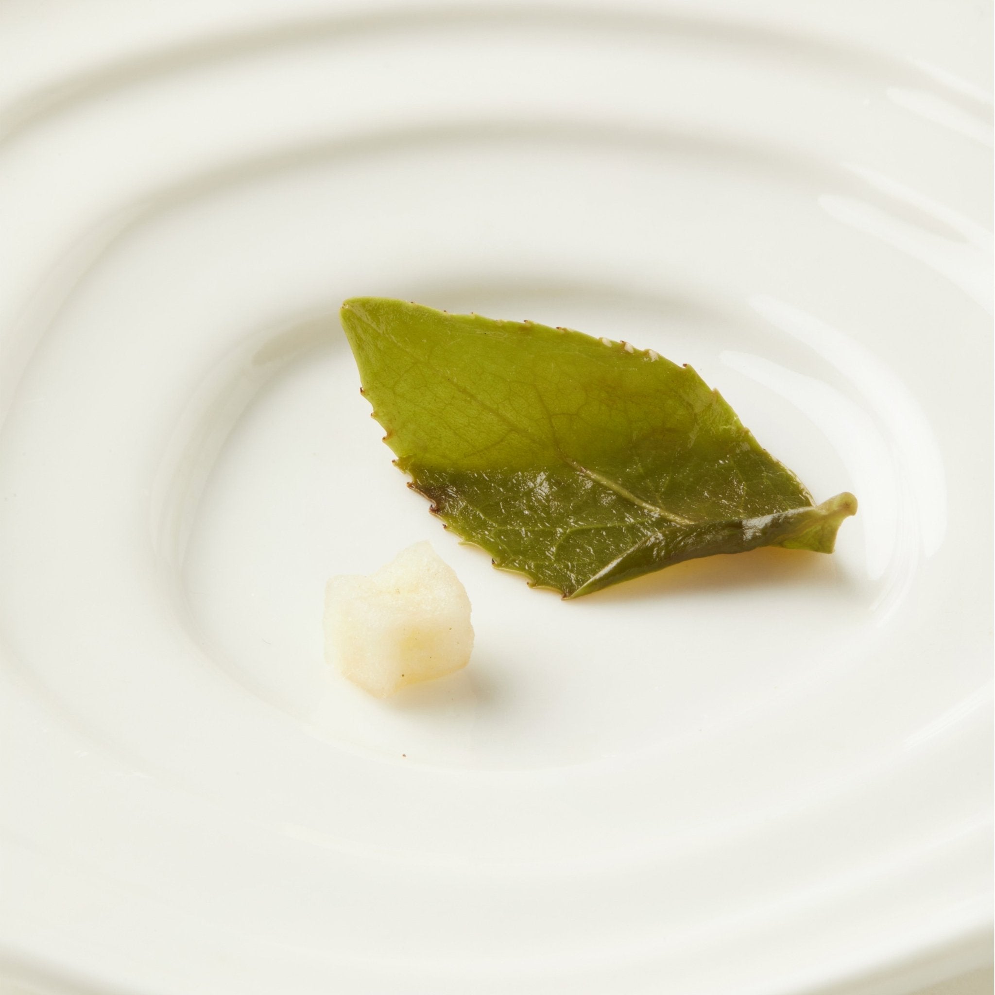 A small green leaf and a white cube of Chafolio’s Peach Oolong, resembling dried peach, are presented on a round white plate with a recessed center.