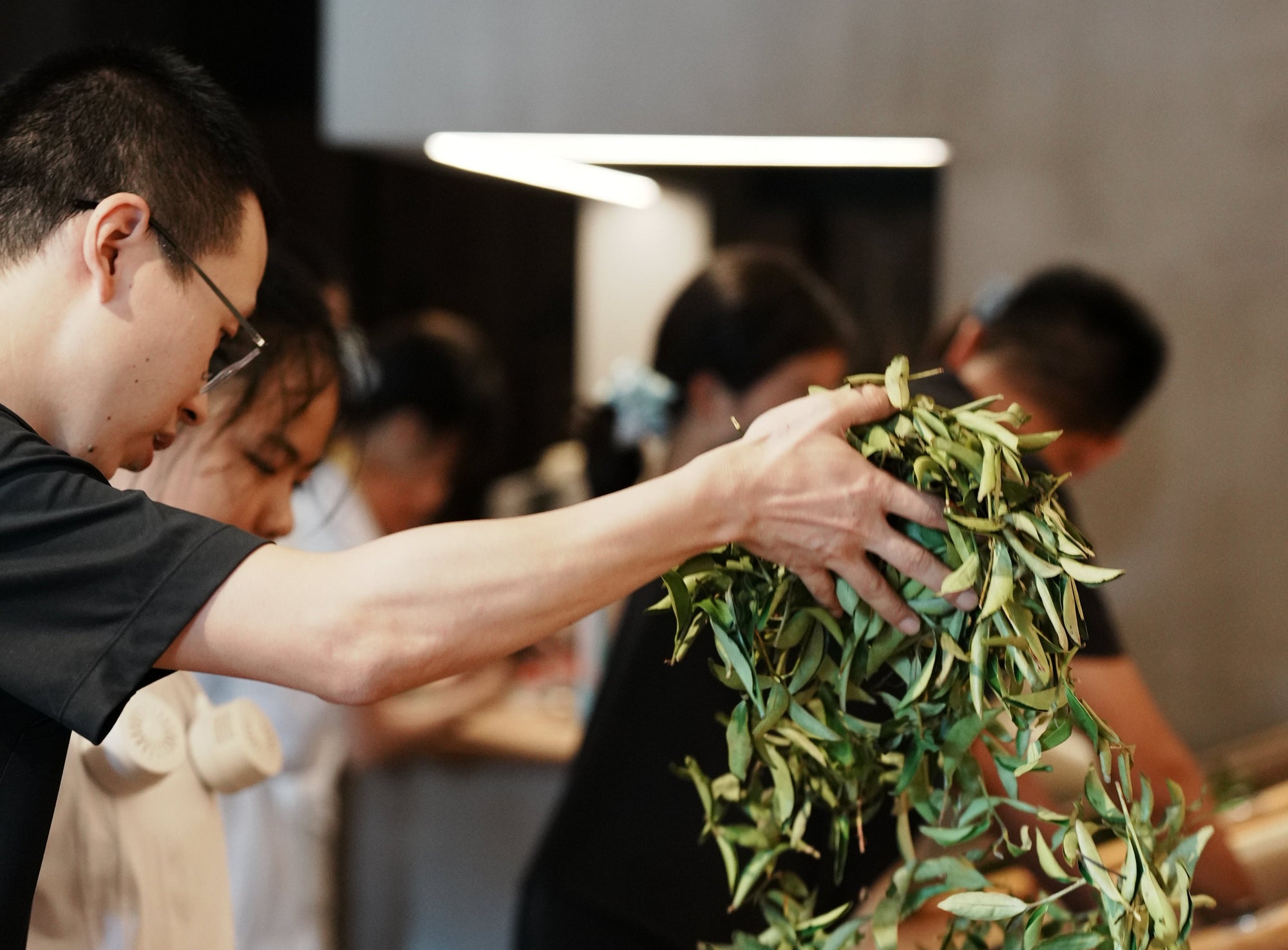 A person holds a bundle of green leafy vegetables over a counter, surrounded by others working in a kitchen setting.