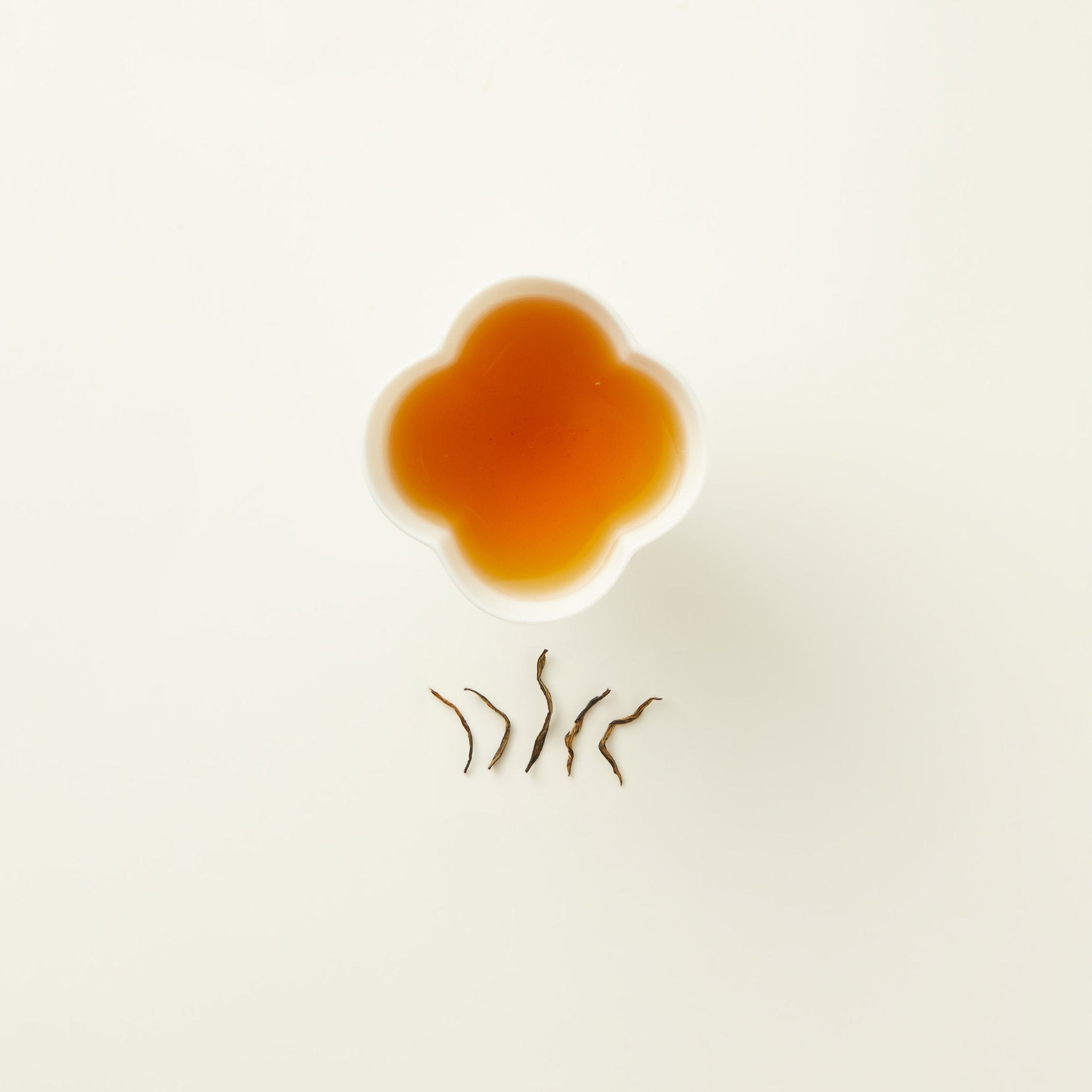 A white, four-lobed cup of Amber River Black Tea by Chafolio sits above six tea leaves arranged in a row on a plain, light background.