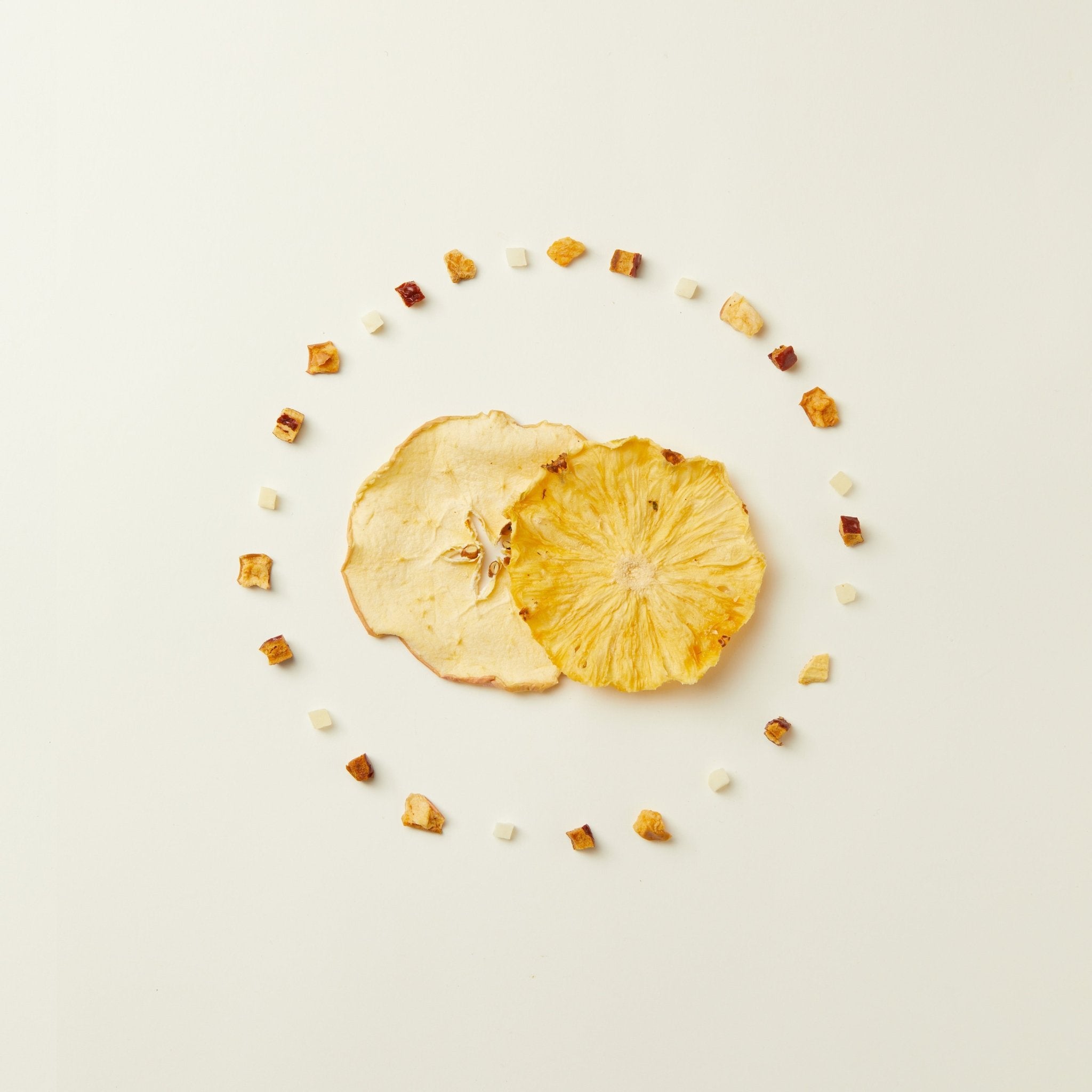 Chafolio Apple Pineapple Tea features a duo of dried apple and pineapple slices with a ring of assorted dried fruit cubes—ideal for no sugar fruit tea blends or red date tea infusions.