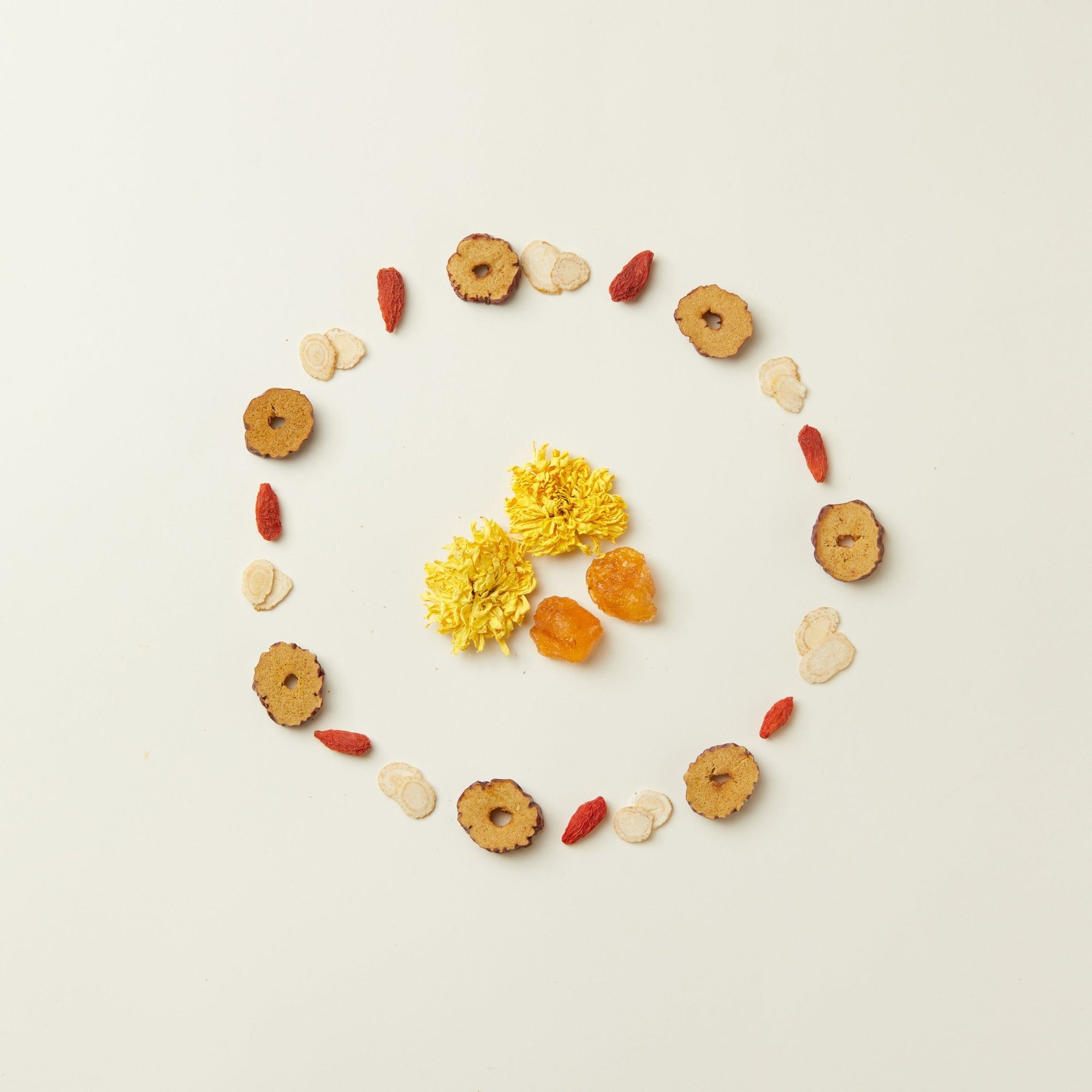 Dried herbs, goji berries, and flowers arranged in a circle on a white background—perfect for creating the Chafolio Mother’s Day Herbal Tea Set.