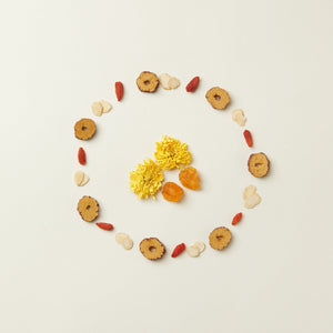Dried herbs, goji berries, and flowers arranged in a circle on a white background—perfect for creating the Chafolio Mother’s Day Herbal Tea Set.