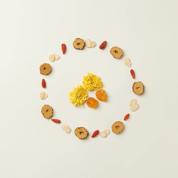 Dried herbs, goji berries, and flowers arranged in a circle on a white background—perfect for creating the Chafolio Mother’s Day Herbal Tea Set.